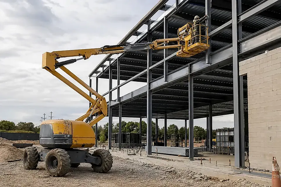 Yellow articulated boom lift raising a guarded work platform beside a steel-frame building