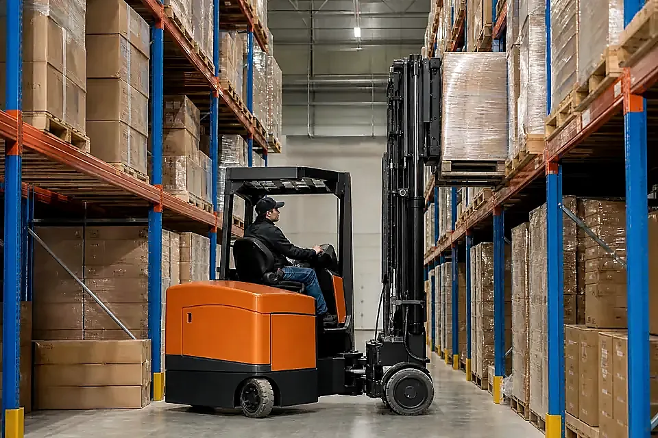 Orange articulated forklift turning its mast inside a very narrow warehouse aisle