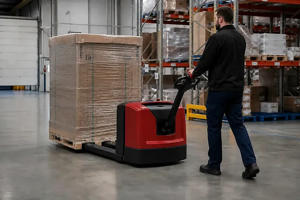 Red powered walk-behind electric pallet jack moving a warehouse pallet