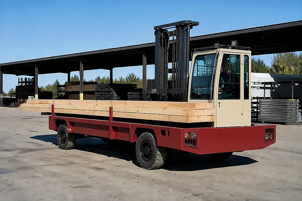 Red side loader forklift carrying long lumber along its side deck