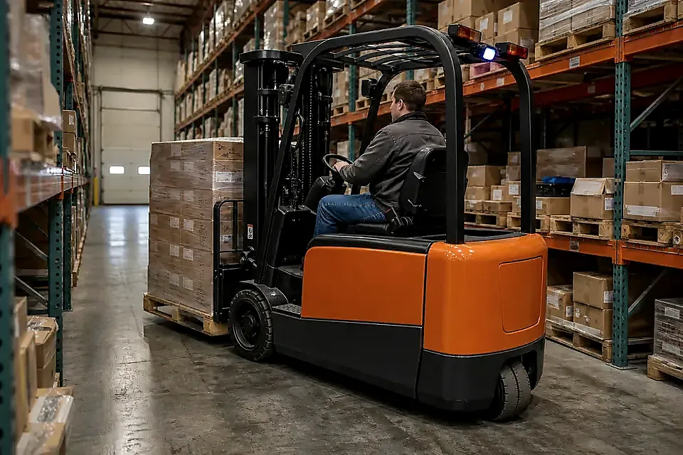 Orange three-wheel electric forklift maneuvering a pallet in a warehouse