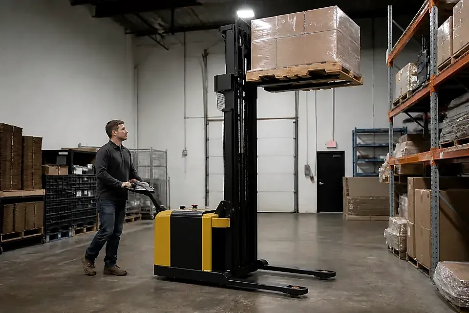 Yellow powered walkie stacker lifting a pallet in a small warehouse