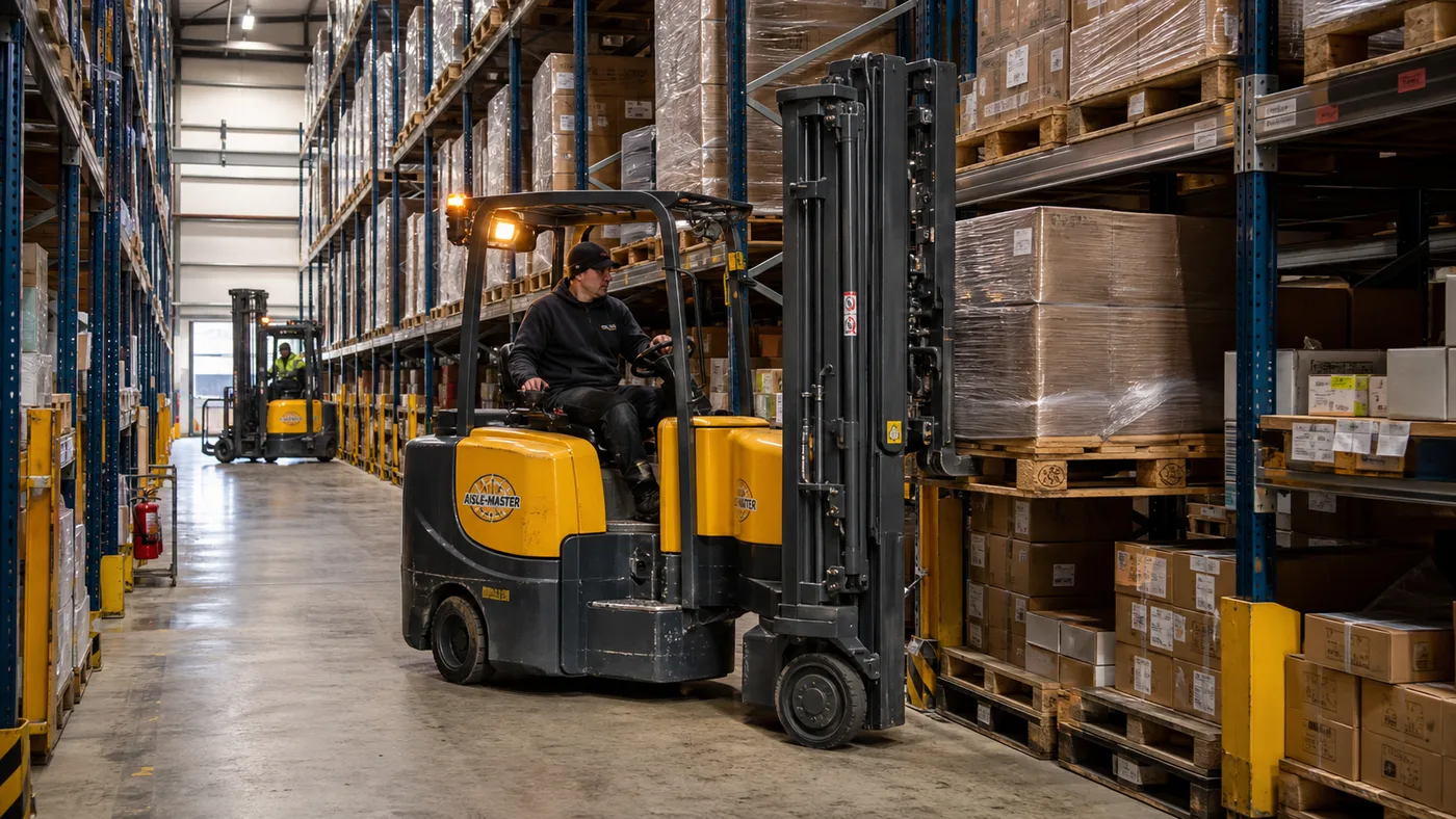 Narrow-aisle warehouse equipment working between tall pallet racks