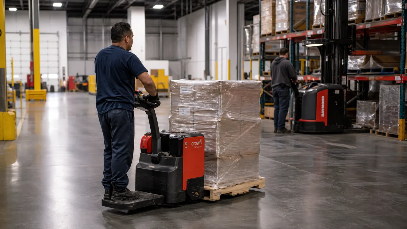 Compact Raymond electric warehouse equipment working near pallet rack