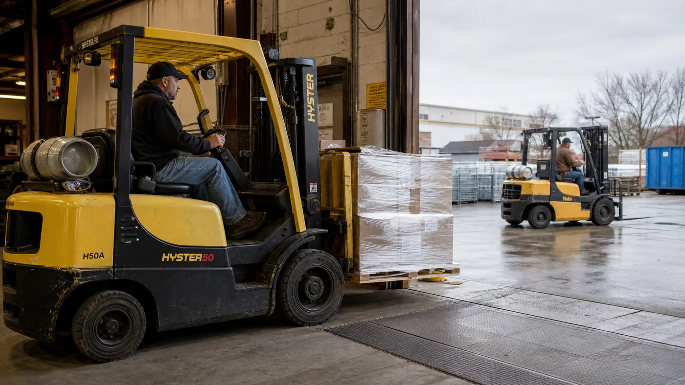 Toyota counterbalance forklift working around an active loading and warehouse area