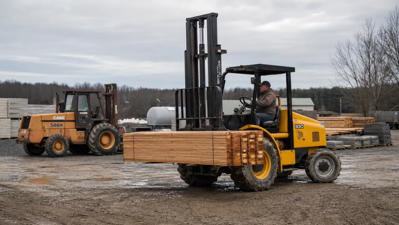Rough-terrain material handling equipment working on an uneven commercial construction site