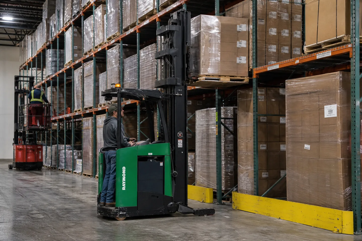 Crown order picker and Raymond warehouse truck working in an active distribution aisle