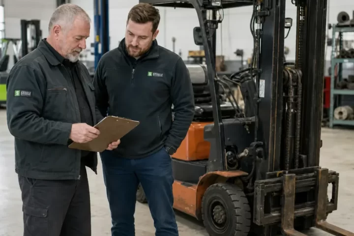 Operations team comparing forklift dealer quotes beside warehouse equipment
