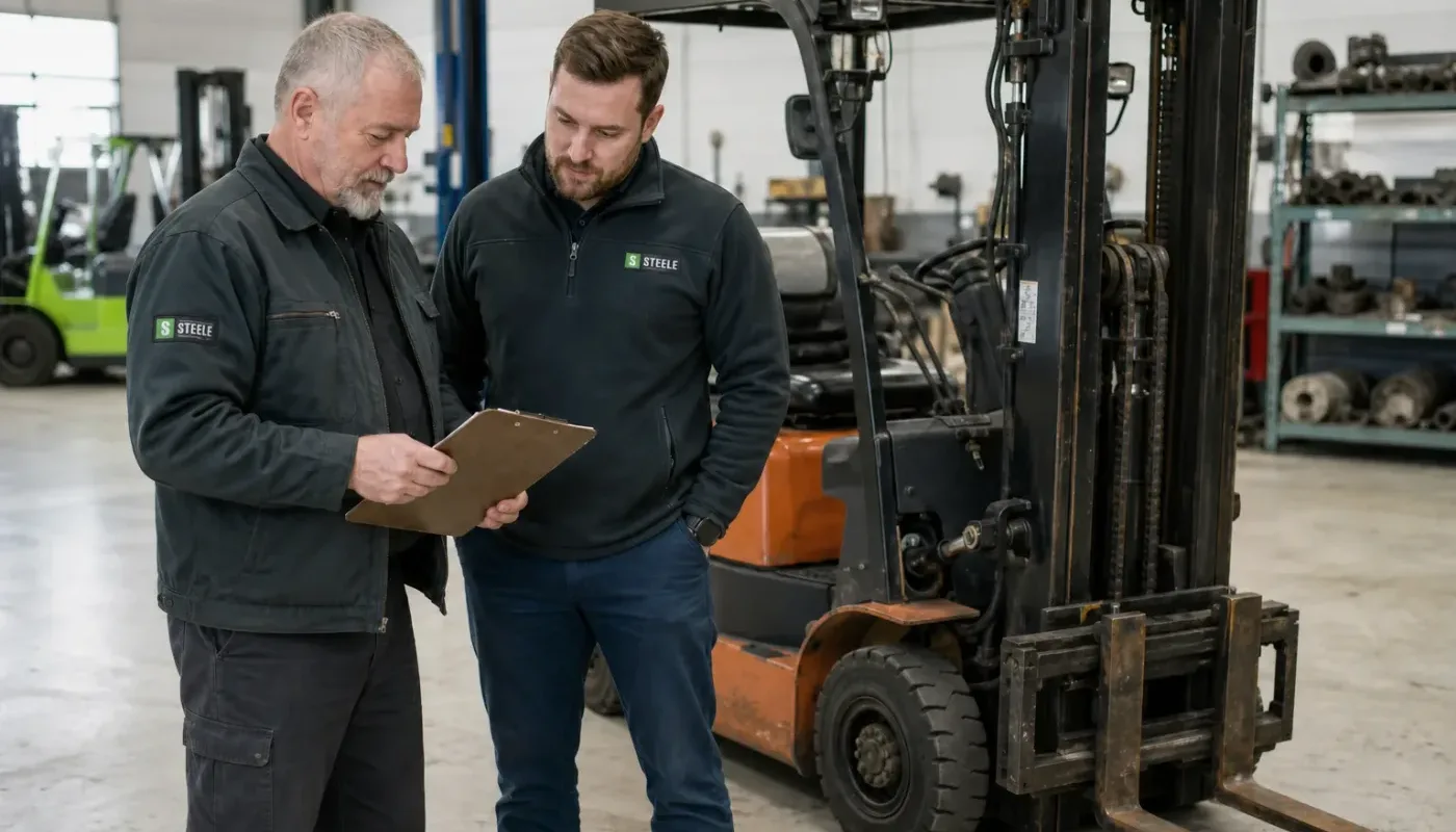 Operations team comparing forklift dealer quotes beside warehouse equipment