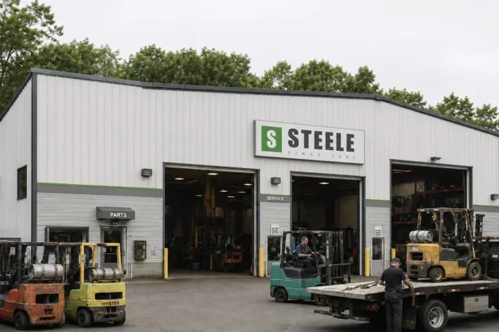 Counterbalance and reach trucks working in a busy warehouse