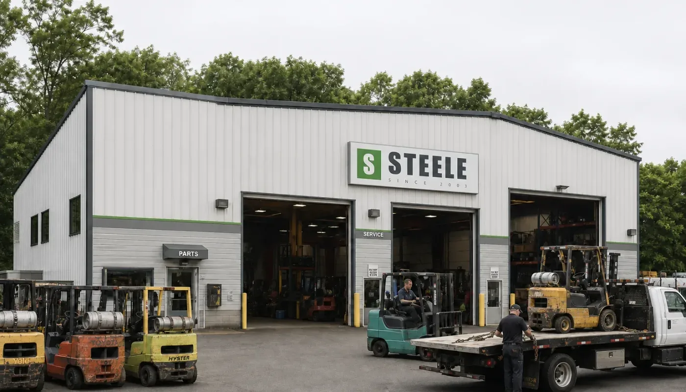 Counterbalance and reach trucks working in a busy warehouse