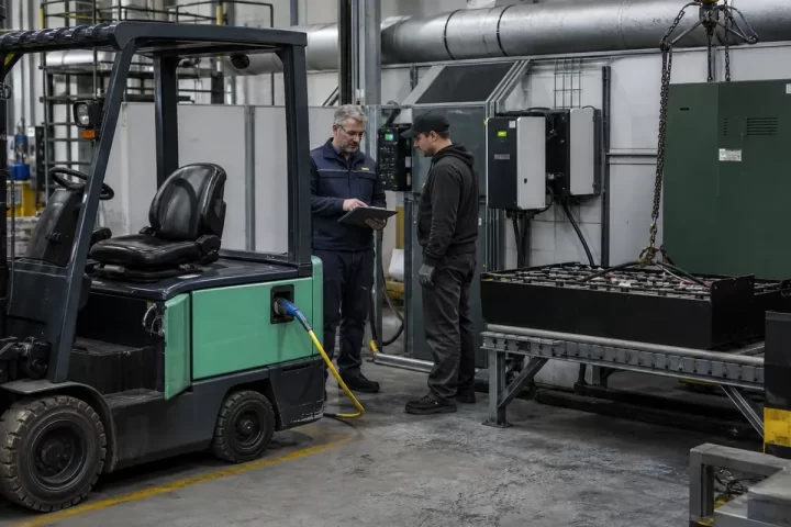 Technician inspecting an older forklift in an industrial service bay