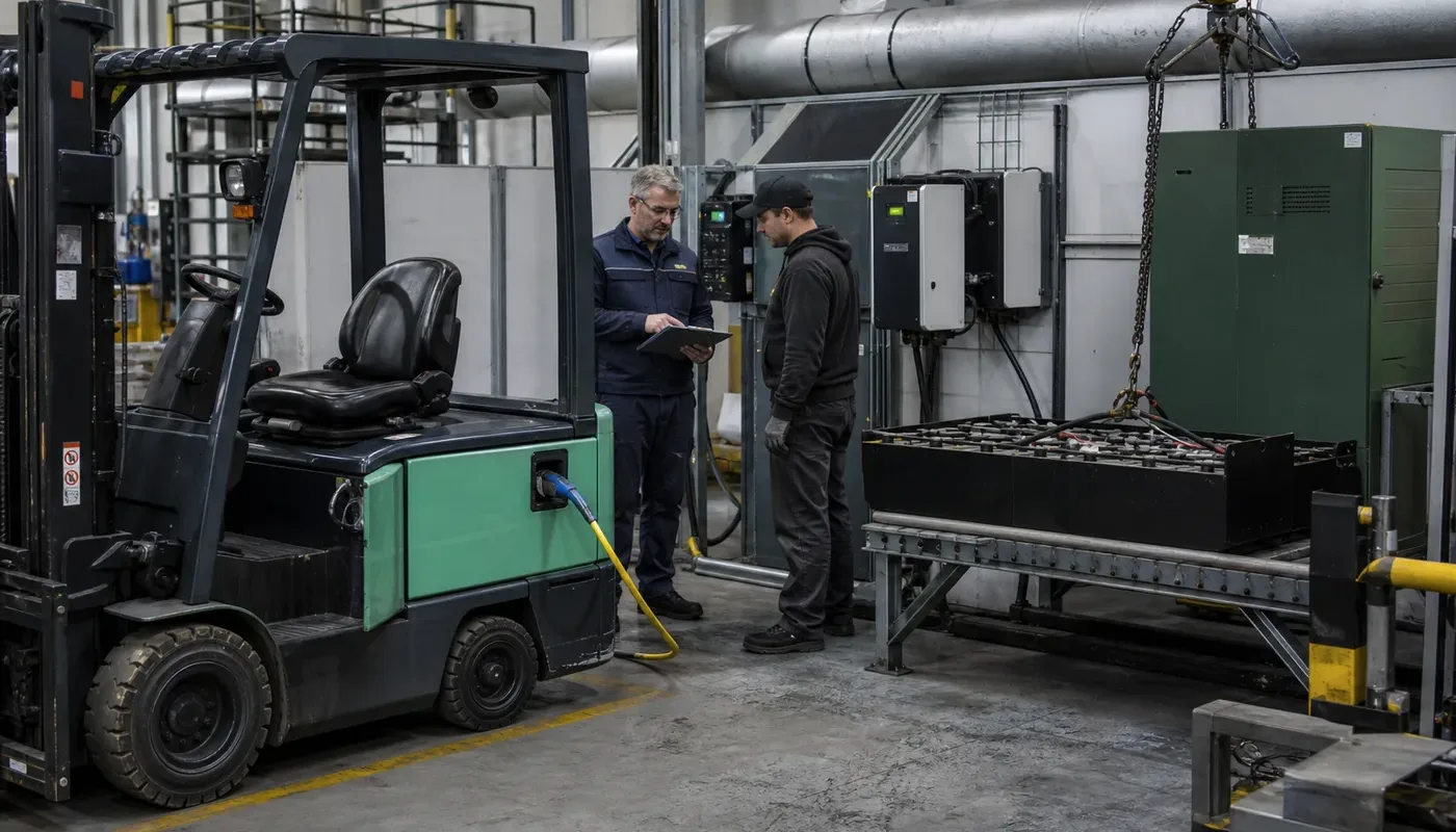 Technician inspecting an older forklift in an industrial service bay