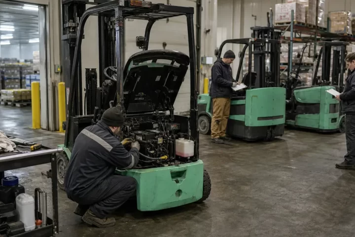 Technician testing a used electric forklift battery