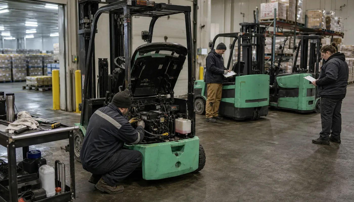 Technician testing a used electric forklift battery