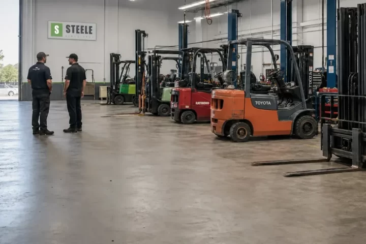 Forklift equipped with a sideshifter handling industrial pallets