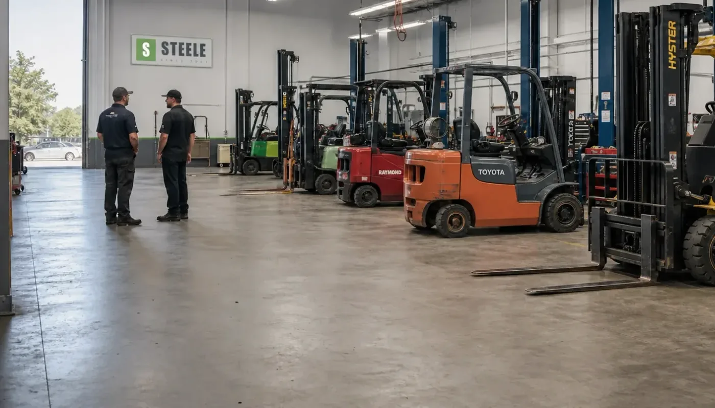 Forklift equipped with a sideshifter handling industrial pallets