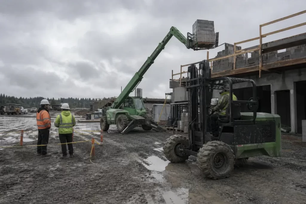 Maintenance team reviewing forklift attachment capacity plate
