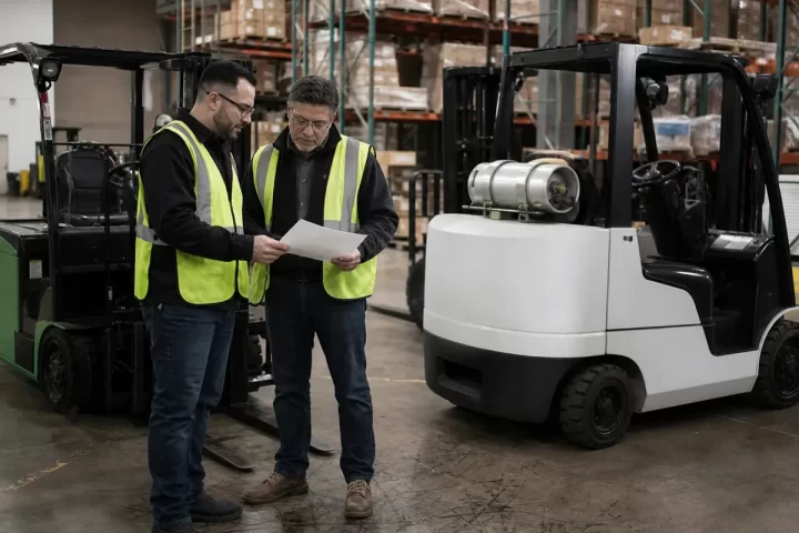 Forklift service technician speaking with a warehouse manager