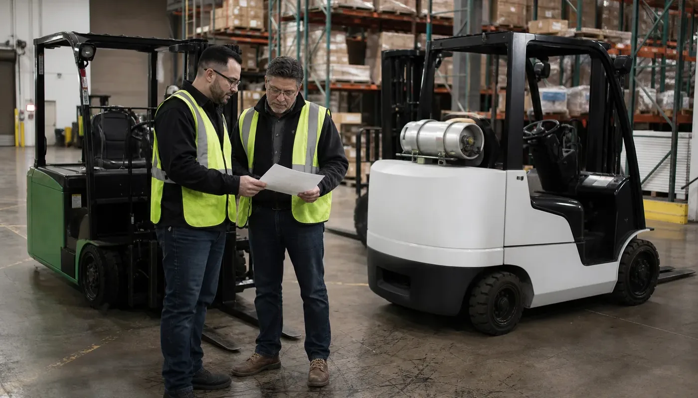 Forklift service technician speaking with a warehouse manager