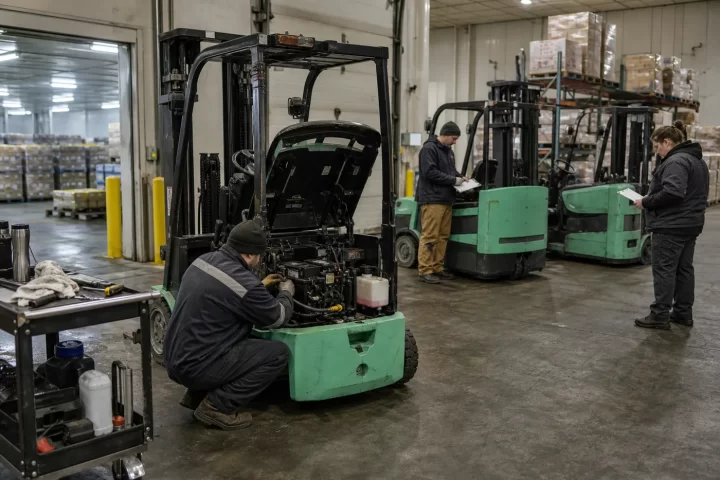Forklift technician performing preventive maintenance