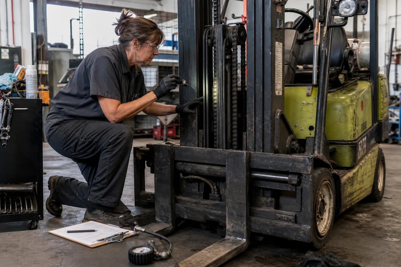 Inspect the mast, forks, hydraulics, tires, battery, controls, records and rated configuration before buying a used forklift.
