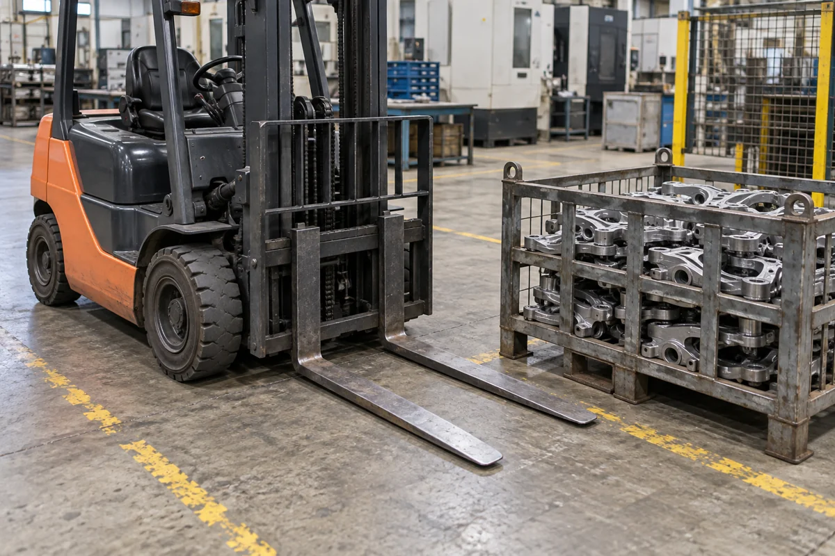 Forks positioned beside a manufacturing stillage on a clear factory floor