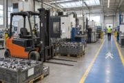 An electric forklift beside component bins on a factory floor