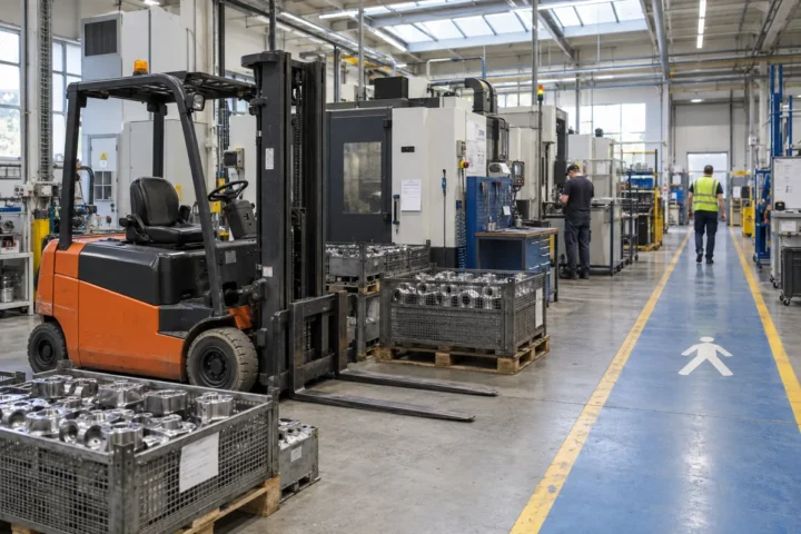 An electric forklift beside component bins on a factory floor