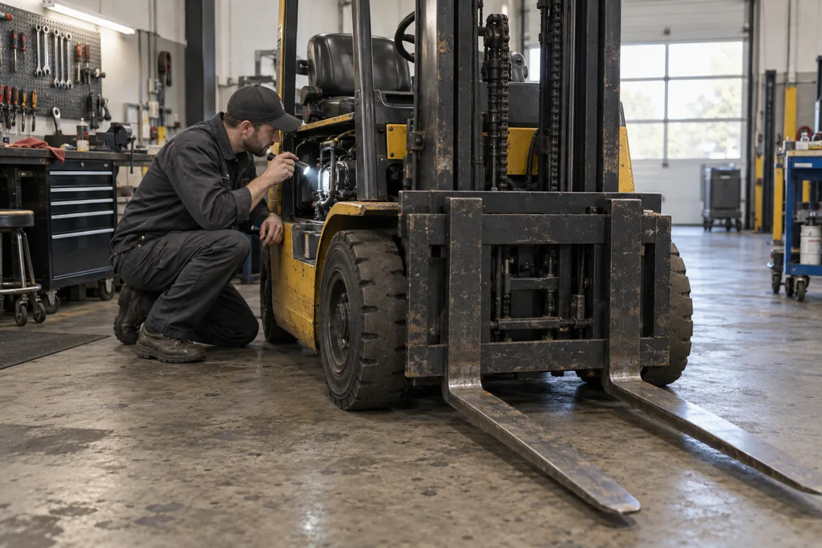 Technician inspecting a safely parked forklift in a maintenance workshop