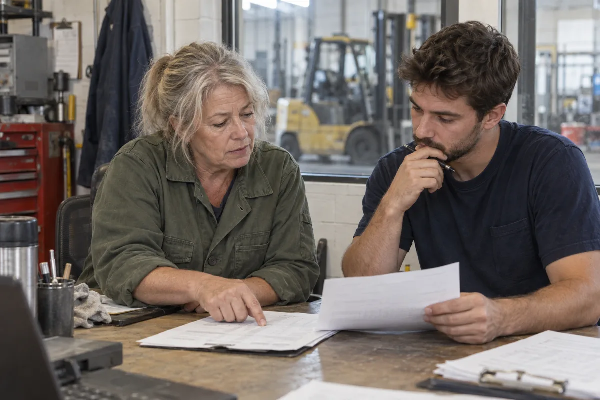 Operations staff reviewing a service estimate at a workshop desk