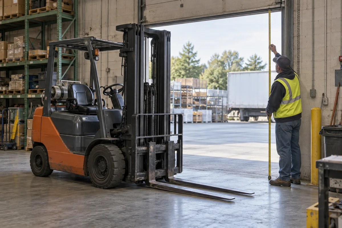 Supervisor checking doorway clearance beside a parked forklift