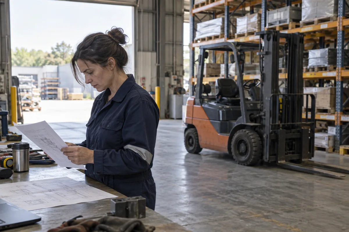 Warehouse supervisor reviewing forklift specifications beside a lowered mast