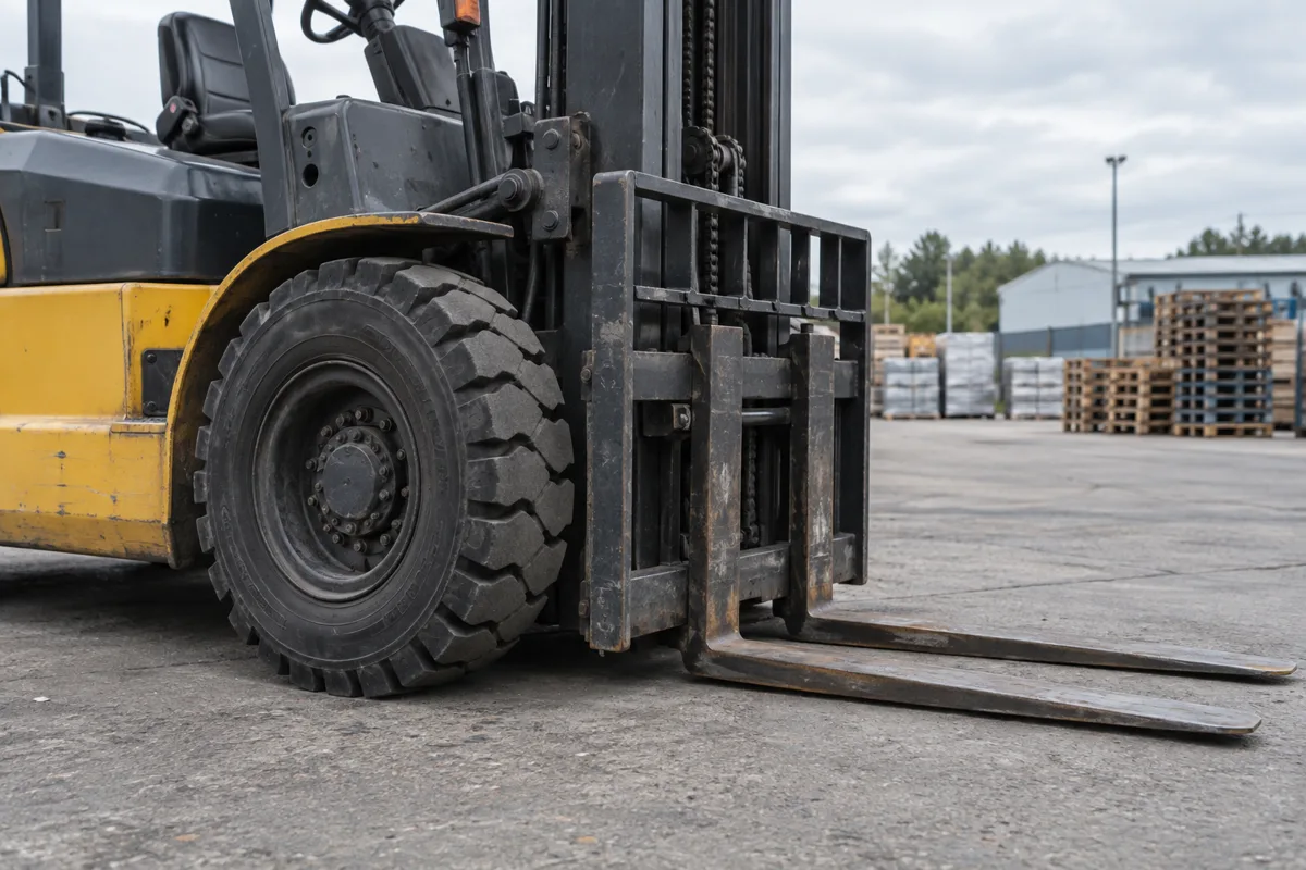 Treaded pneumatic forklift tire on a parked truck in a paved loading yard